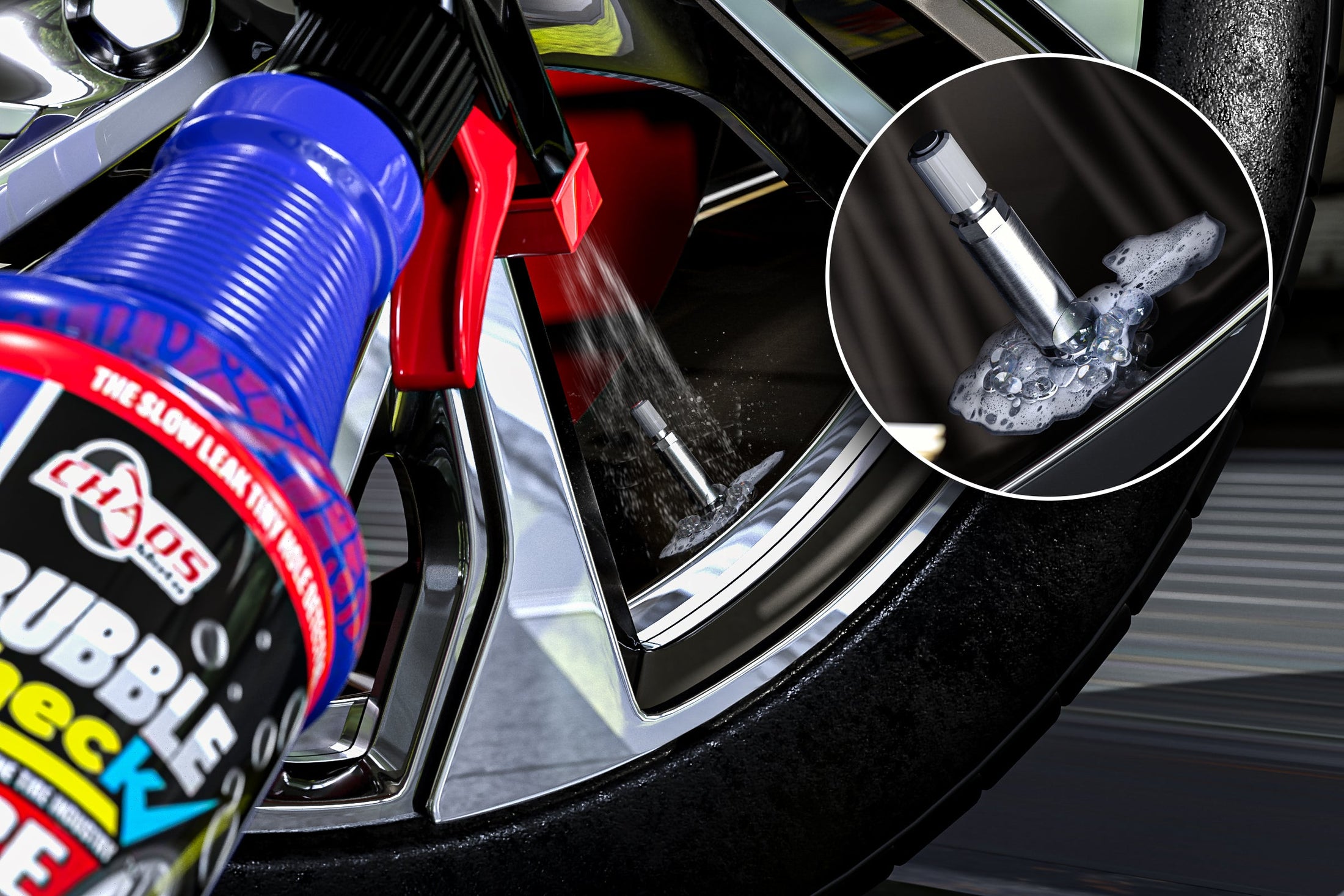 Bubble Check spraying a tire valve stem, bubbles revealing a slow valve leak