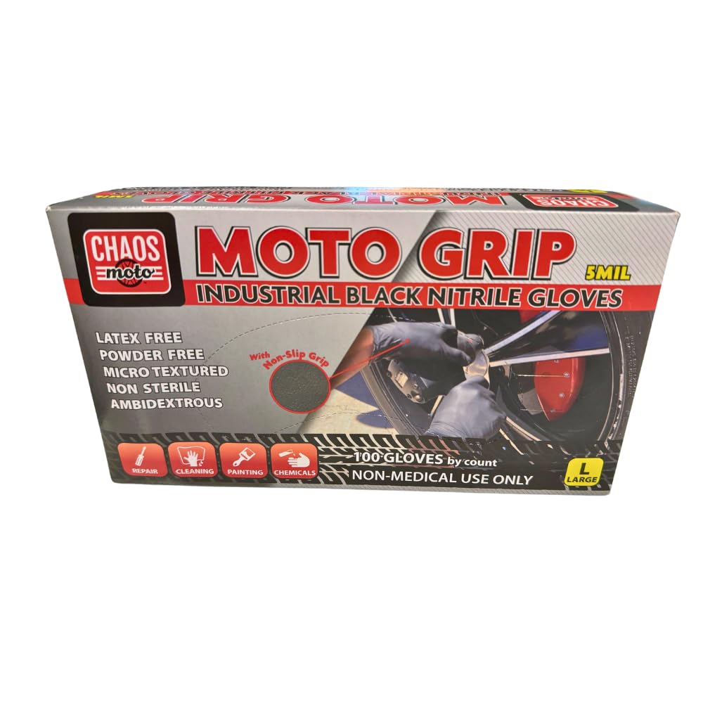 CHAOS Moto Grip Black Nitrile Gloves 5mil Latex-Free, Powder-Free, Micro-Textured for Repair, Cleaning, Painting, Chemical