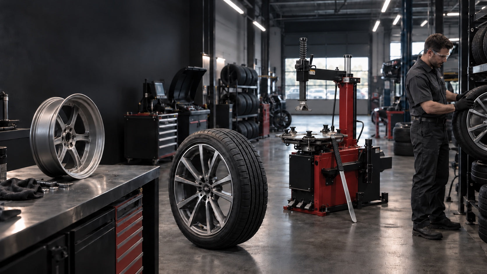 Tire service bay with a wheel-preparation bench, tire, tire changer and technician