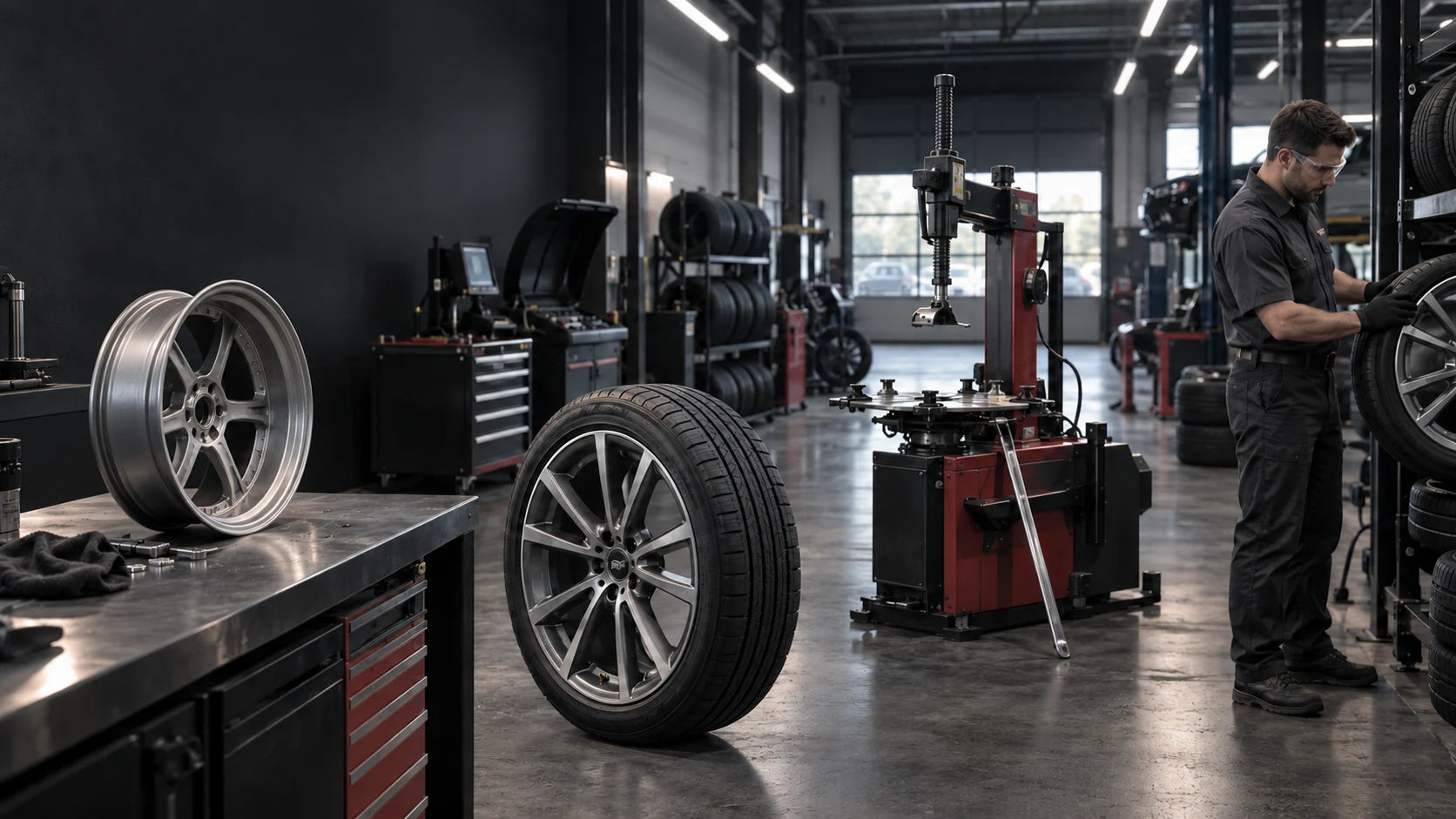 Tire service bay with a wheel-preparation bench, tire, tire changer and technician